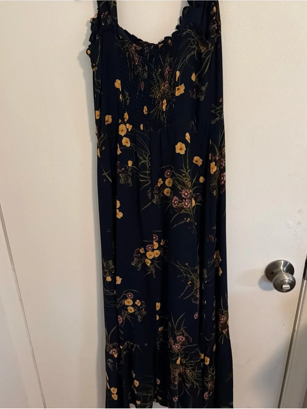Reformation Navy Floral Tie-Shoulder Maxi Dress with Yellow Blooms